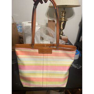 B321 -  Coach Hampton pastel multicolor striped canvas tote bag with tan leather